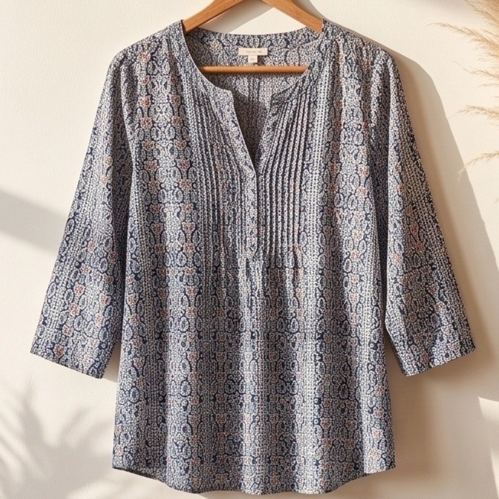 Talbots Woman 3X Paisley Pintuck Pleat Cotton Blouse Blue 3/4 Sleeve BD2706